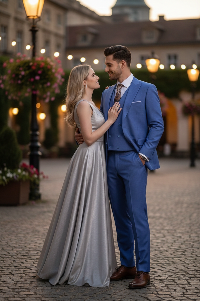 Mens Light Blue Double-Breasted 3-Piece Suit Set  Tailored Fit Formal Business Suit in Steel Blue Sky Blue Color