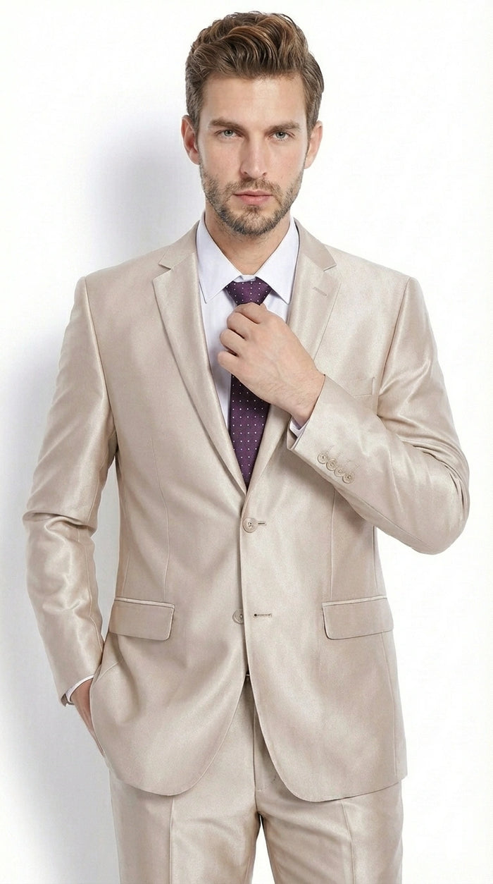 Men’s Champagne Tan Sharkskin 2 Button Suit – Glossy Formal Suit with Optional Vest for Wedding, Prom, Business Beige Color