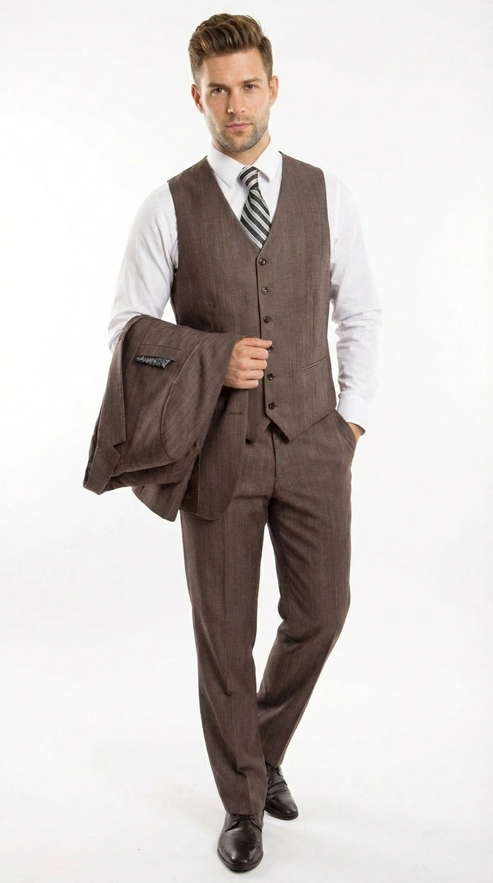 Men’s Brown Sharkskin 3 Piece Suit – Textured Two Button Vested Business Formal Suit for Wedding, Party Wear Elegant