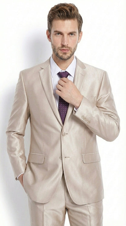 Men’s Champagne Tan Sharkskin 2 Button Suit – Sleek Formal Suit with Optional Vest for Wedding, Prom, Business Beige Color