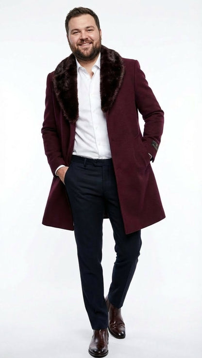 Mens Burgundy Three Quarter Coat with Faux Fur Collar Overcoat  Luxury Winter Outerwear Three Quarter Carcoat Topcoat