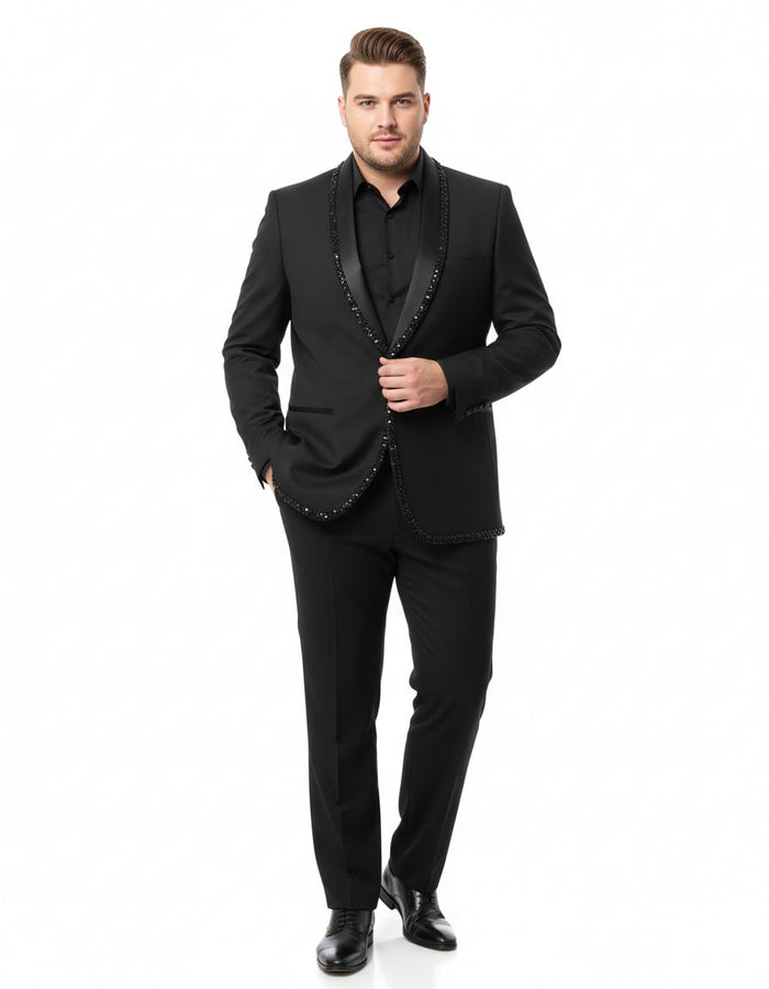 Mens Classic Black Designer Tuxedo Suit with Beaded Lapel  Elegant Formal and Party Wear Jacket and Pants