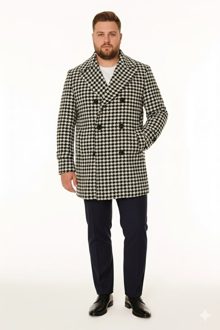 Mens Houndstooth Double-Breasted Overcoats  Classic Black and White Wool Blend Peacoat Wool Fabric