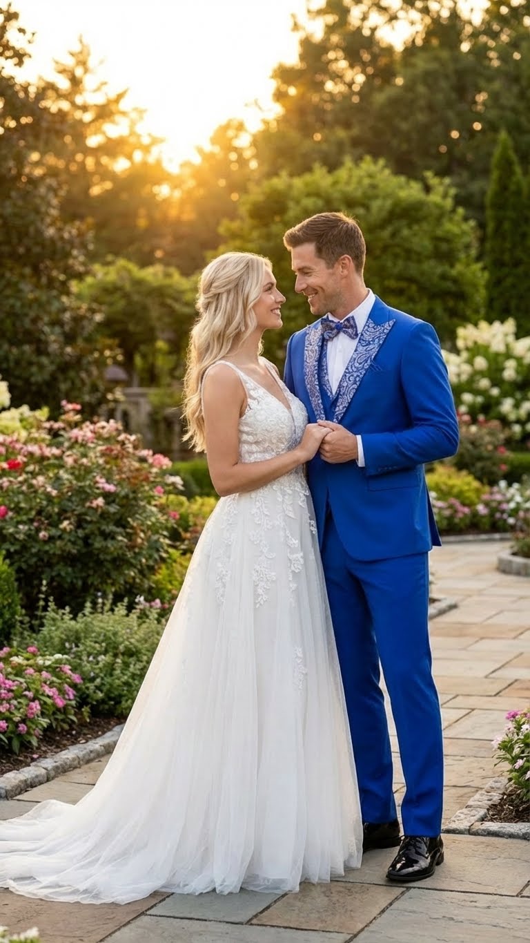 Mens Bright Royal Blue and White lapel  Embellished Tuxedo Suit   3-Piece Formal Wedding, Prom, and Gala Outfit