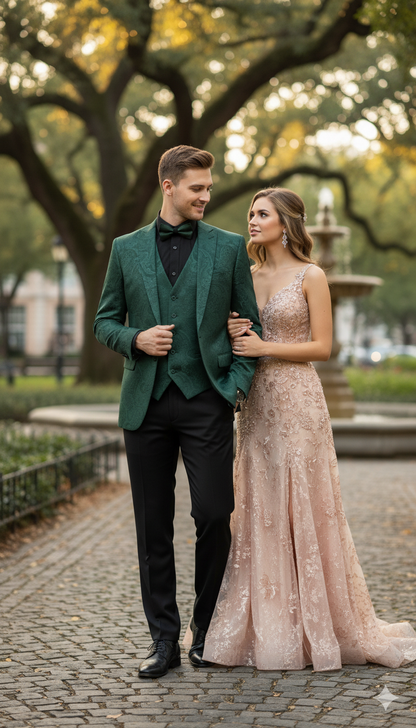 Mens Emerald Green Paisley Tuxedo 3-Piece Suit  Slim Fit Formal Blazer, Vest, and Pants for Weddings, Proms