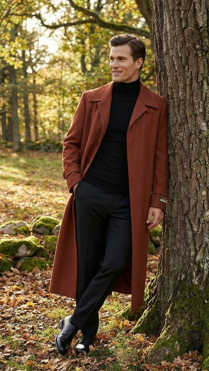 Mens Full-Length Cognac Overcoat  Premium Wool-Blend Long Dress Coat for Winter and Formal Wear in Rust Brick Color