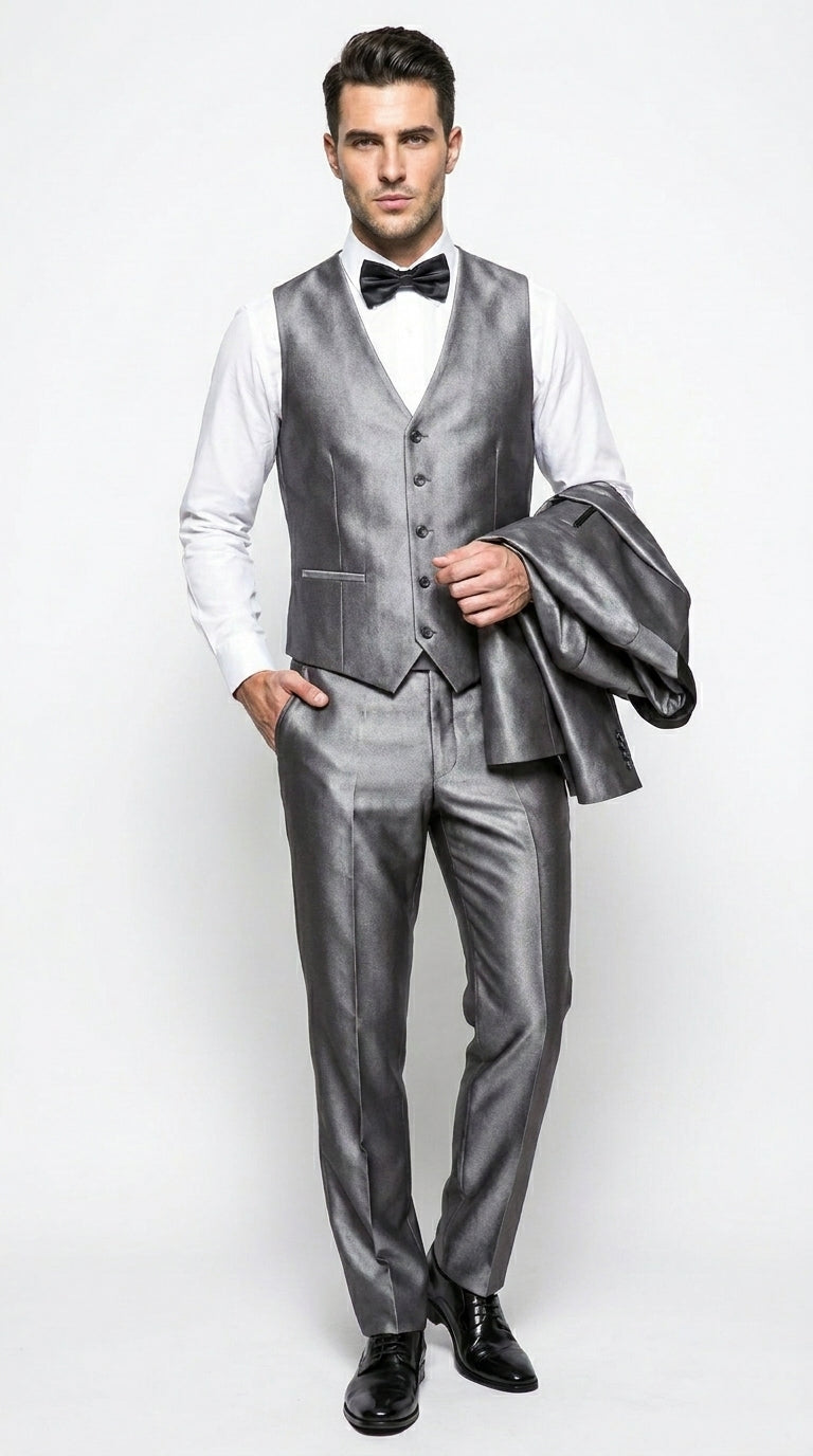 Men’s Silver Grey Sharkskin Vested Tuxedo with 1 Button Jacket, Shawl Lapel and Matching Pants