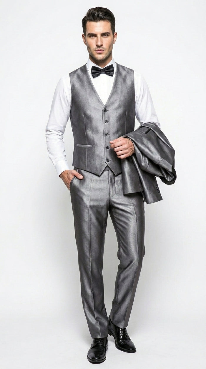 Men’s Silver Grey Sharkskin Vested Tuxedo with 1 Button Jacket, Shawl Lapel and Matching Pants
