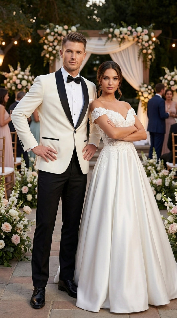 Men’s Ivory Dinner Jacket Blazer with Black Shawl Lapel, Formal Wedding Tuxedo Sport Coat