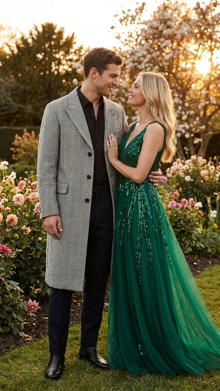 Mens Grey Herringbone Long Overcoat  Tweed Black and White Pattern Wool Topcoat Three Qaurter