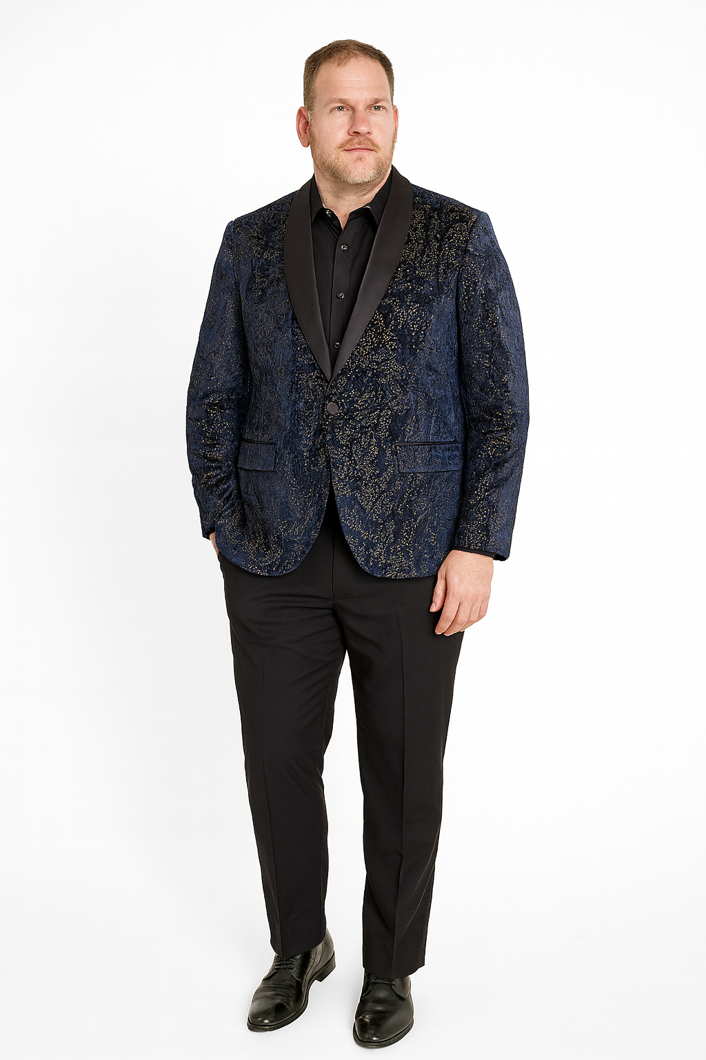Mens Navy Blue Sequin Tuxedo Jacket with Black Satin Shawl Lapel  Luxury Prom and Wedding Blazer