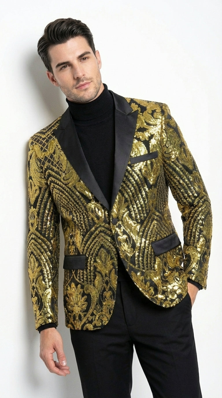 Mens Black and Gold Pattern Blazer – Gold Floral Luxury Formal Blazer Jacket for Prom, Wedding and Party Slim Fitted