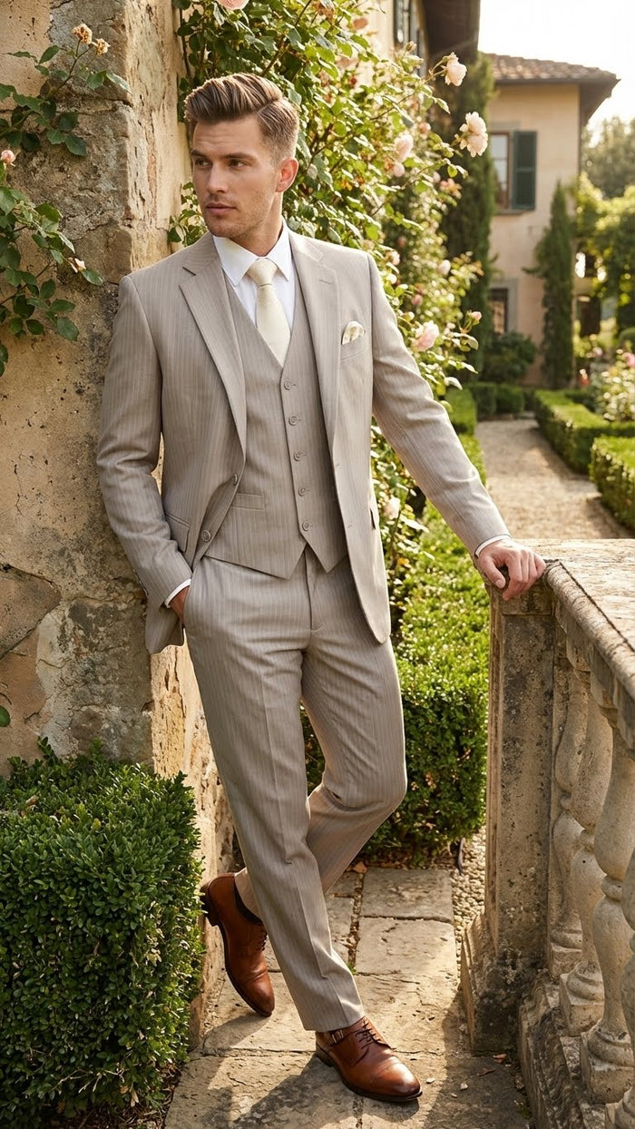 Mens Light Tan Pinstripe 3 Piece Suit with Jacket, Vest, and Pants | Shadow Stripe Tone Tone Pleated Pants Classic