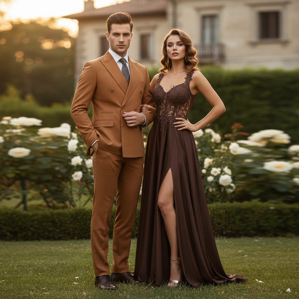 Mens Vitali Brand Rustish Orange Brown Copper Color Double Breasted Slim Fit Suit