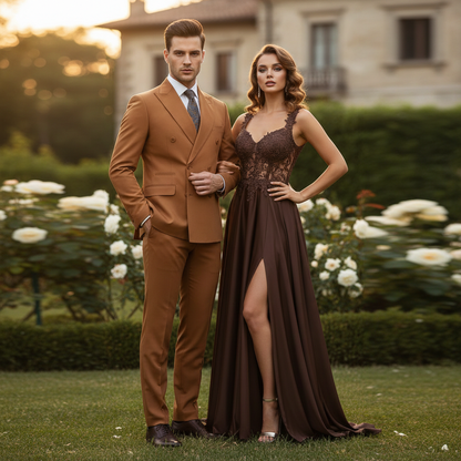 Mens Vitali Brand Rustish Orange Brown Copper Color Double Breasted Slim Fit Suit