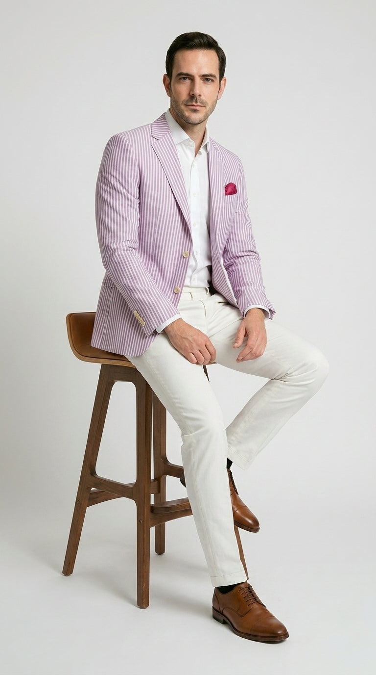 Men's Italian Lavender Seersucker Blazer Lightweight Summer Striped Suit Jacket