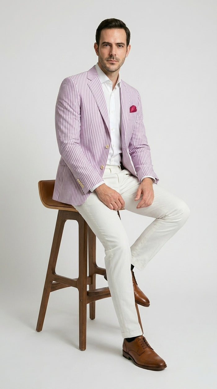 Men's Italian Lavender Seersucker Blazer Lightweight Summer Striped Suit Jacket