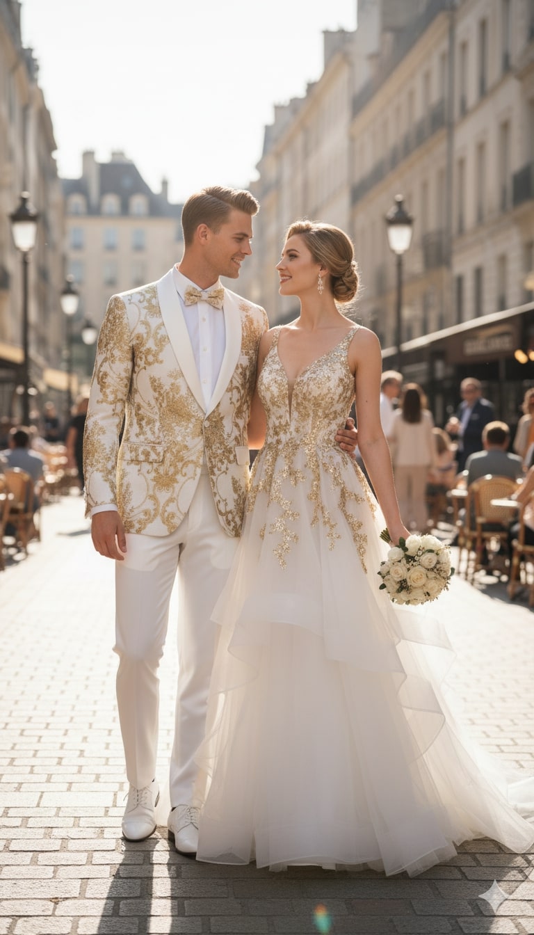 Mens White and Gold Floral Tuxedo Jacket with Satin Lapel  Luxury Prom, Wedding and Formal Dinner Blazer