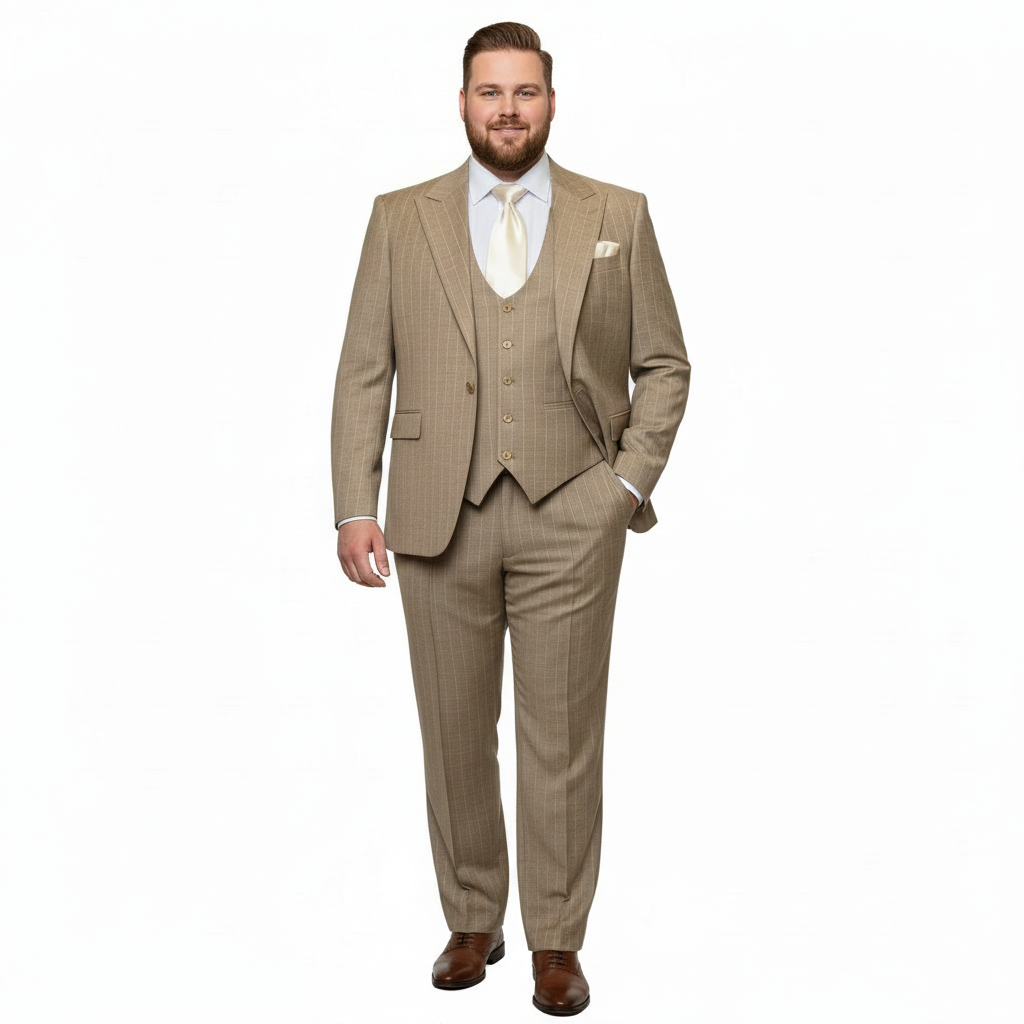 Mens Beige Pinstripe Three-Piece Suit  Classic Fit Formal Suit with Vest and Flat-Front Pants in Tan Stripe By Rossiman