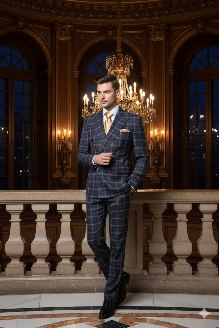 Mens Navy and Tan Windowpane Double-Breasted Suit | Classic 2-Piece Plaid Dress Suit, Business, and Formal Events By Rossiman