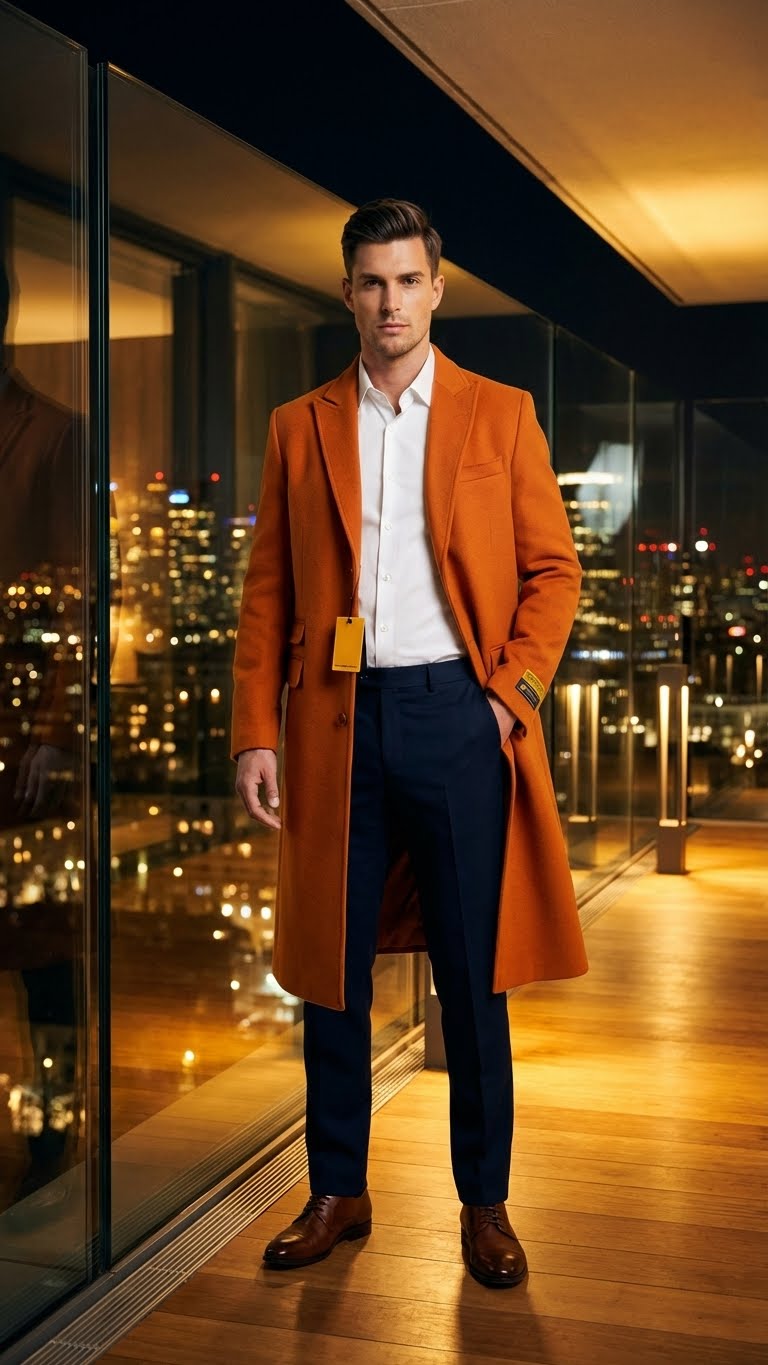 Mens Orange - Rust Wool Blend Long Overcoat  Topcoat Carcoat Topcoat