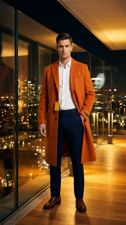 Mens Orange - Rust Wool Blend Long Overcoat  Topcoat Carcoat Topcoat