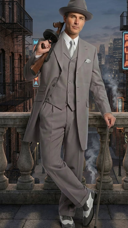 Men’s Gray Zoot Suit with Matching Hat and 1920s Shoes | Grey Vintage Wedding and Party Three Piece Suit
