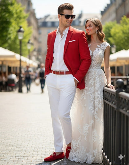 Mens Red Blazer and White Pants Set  Stylish Casual Dress Outfit For New Year Holiday and Christmas Suit