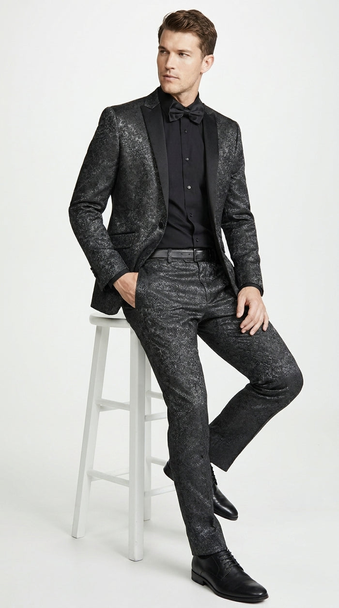 Men’s Black Paisley Wedding and Prom Tuxedo with One Button Jacket, Formal Dinner Suit