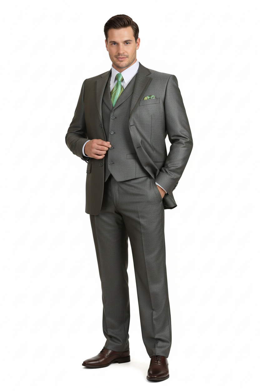 Mens Olive Green 3-Piece Suit  Classic Fit with Vest and Tie Pleated Pants Three Buttons