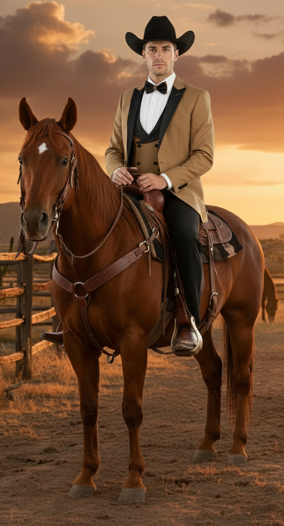 Mens Western Cowboy Tuxedo  Tan and Black 3-Piece Suit with Satin Lapel and Vest in Mocca Coffee Color