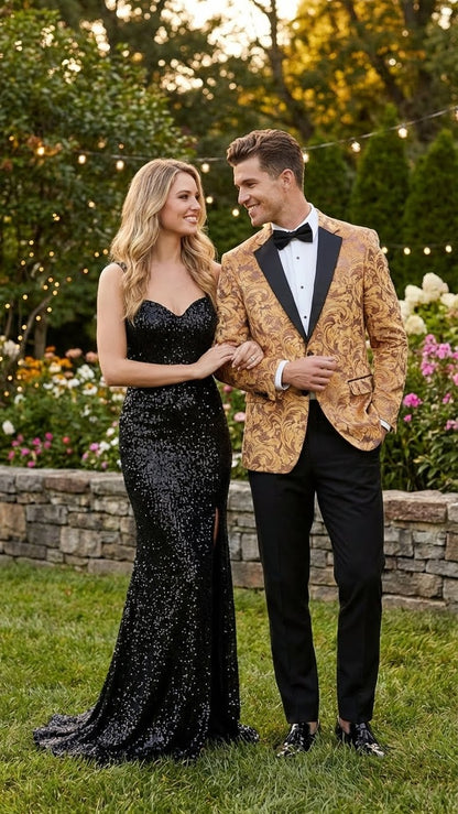 Mens Yellow Gold Baroque Pattern Tuxedo Blazer Suit  Party and Wedding Jacket Prom Paisley Black Pants