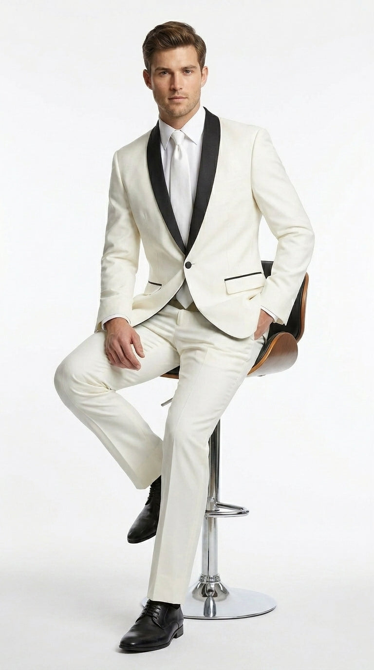 Men’s Ivory and Black Shawl Tuxedo Suit with Jacket and Pants, Formal Wedding Dinner Suit