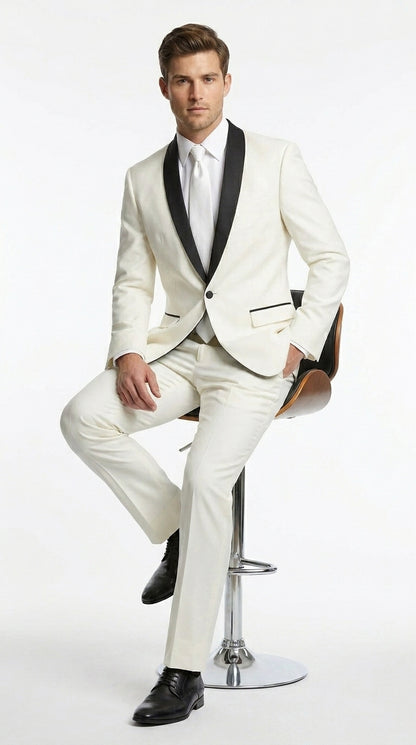 Men’s Ivory and Black Shawl Tuxedo Suit with Jacket and Pants, Formal Wedding Dinner Suit