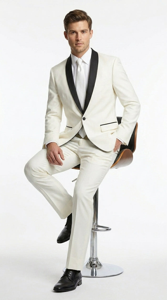 Men’s Ivory and Black Shawl Tuxedo Suit with Jacket and Pants, Formal Wedding Dinner Suit