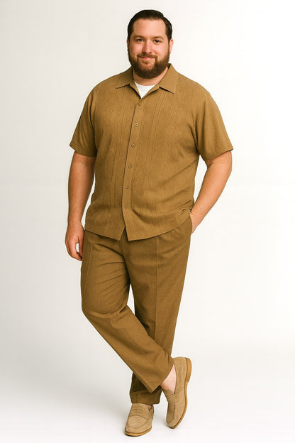 Mens Mocha Brown Short Sleeve Knit Walking Suit  Two-Piece Casual Button Down Set in Taupe Coffee Color