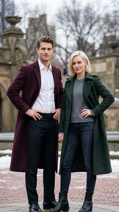 Mens Burgundy Long Coat  Classic Fit Wool Blend Overcoat - Topcoat Full length