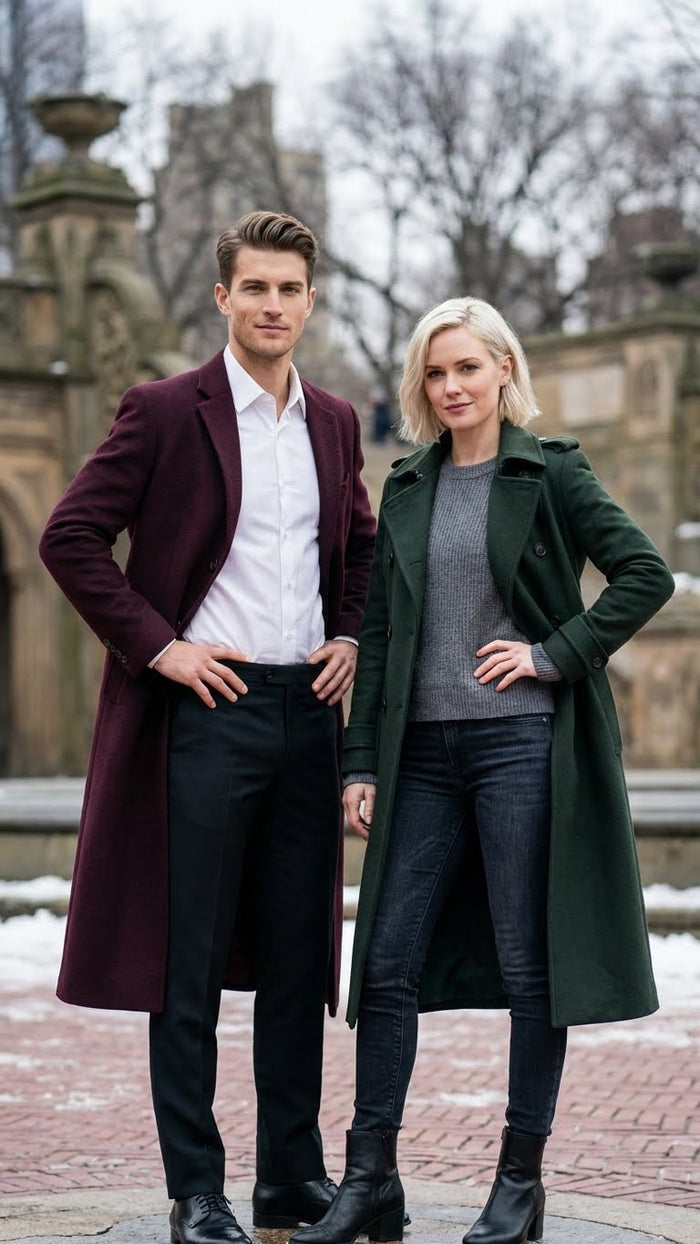 Mens Burgundy Long Coat  Classic Fit Wool Blend Overcoat - Topcoat Full length