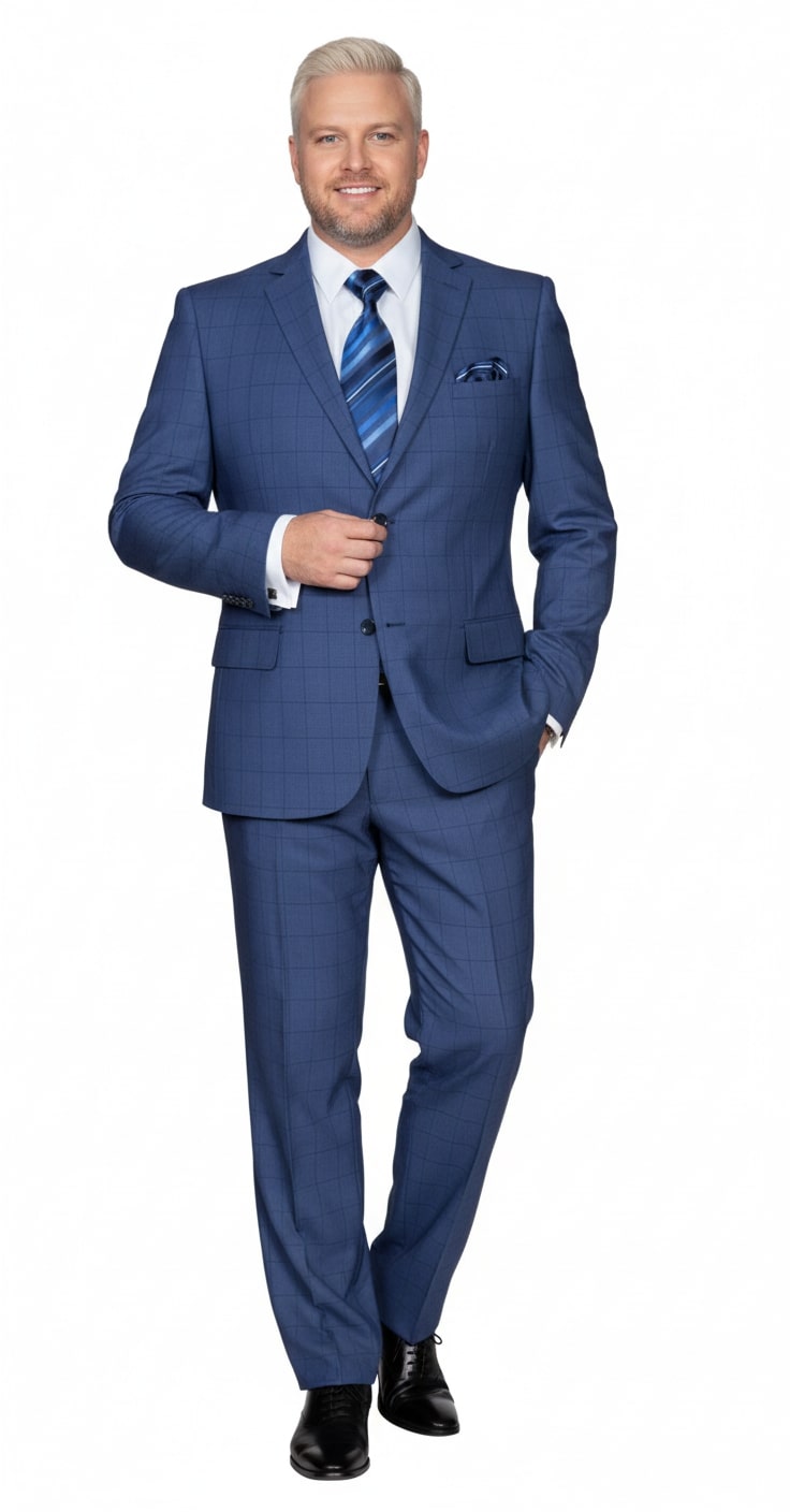 Mens Indigo Navy Blue Windowpane Check Suit  Classic 2-Piece Formal Business and Wedding Wear Set in Cobalt Blue