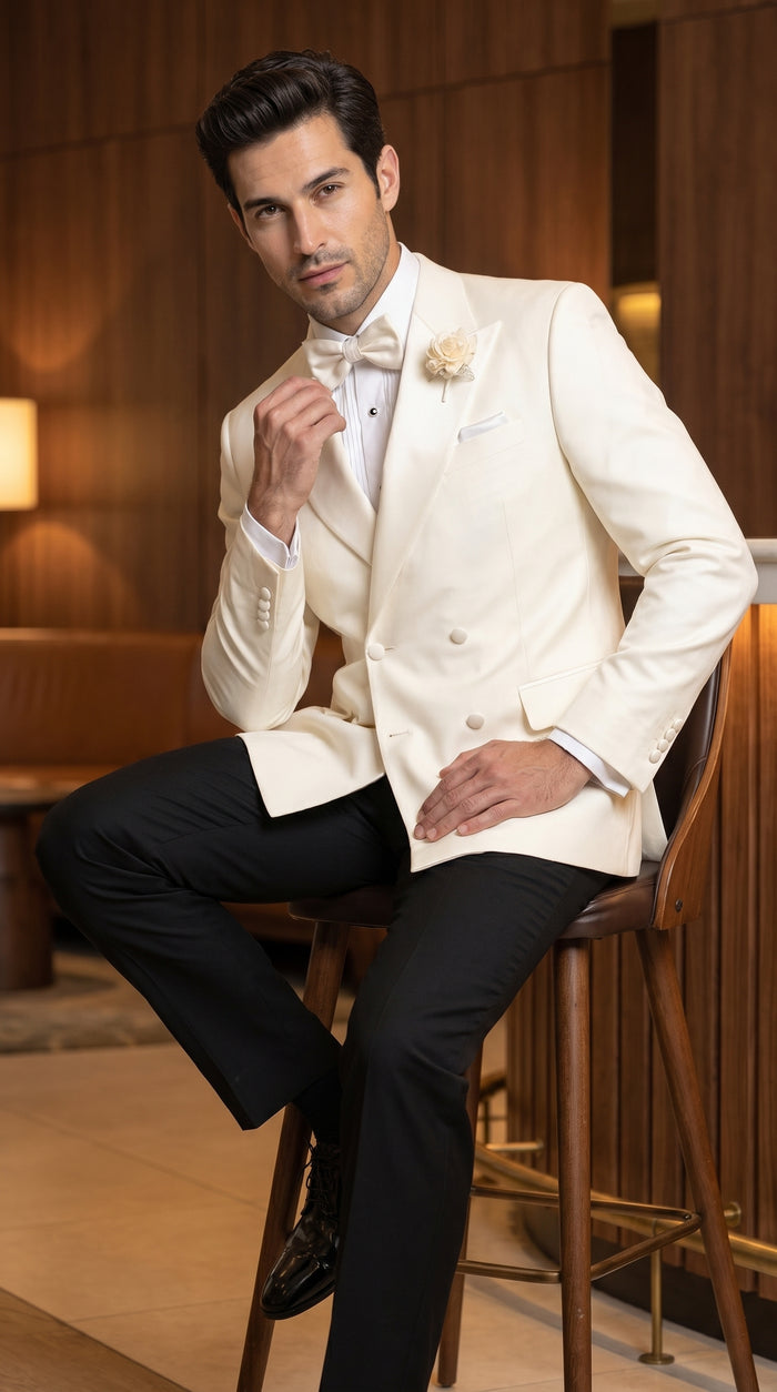 Men’s Ivory Double Breasted Dinner Jacket, Peak Lapel Formal Wedding Prom Tuxedo Blazer in cream off white color