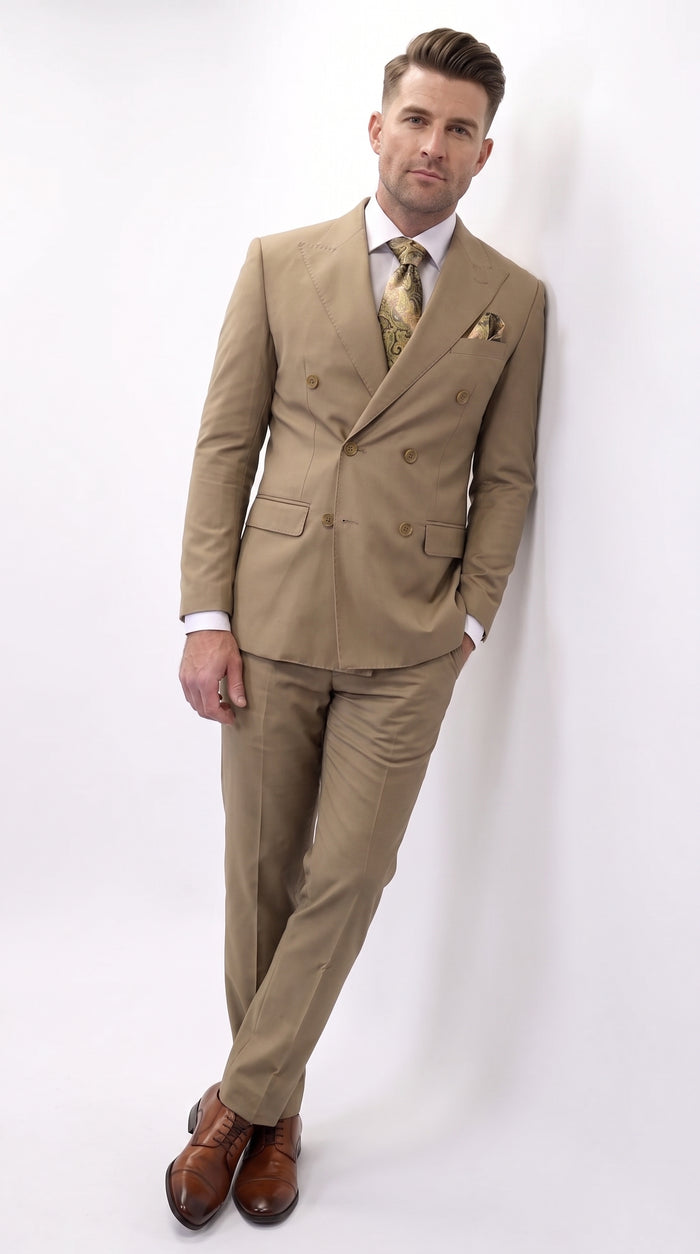 Men’s Statement Brand Caramel Khaki Double Breasted Wool Suit, Designer Formal Business Suit Set Wool Suit in Camel Color