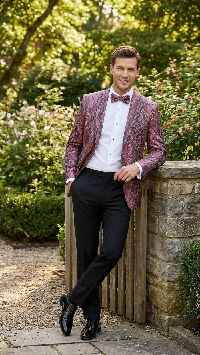 Mens Burgundy and Black Snakeskin Print Blazer  Alligator Crocodile Sport Jacket Exotic Skin
