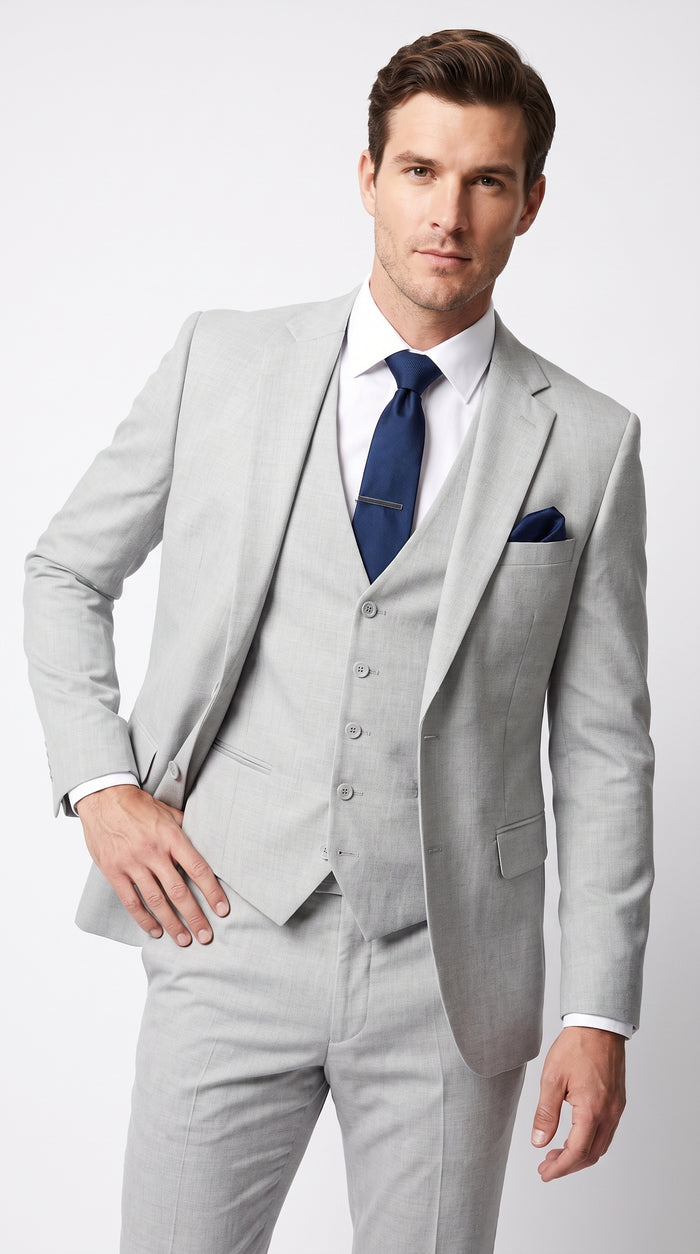 Men’s Silver & Navy Blue 3-Piece Suit – Wedding, Business and Formal Suit with Free Matching Tie
