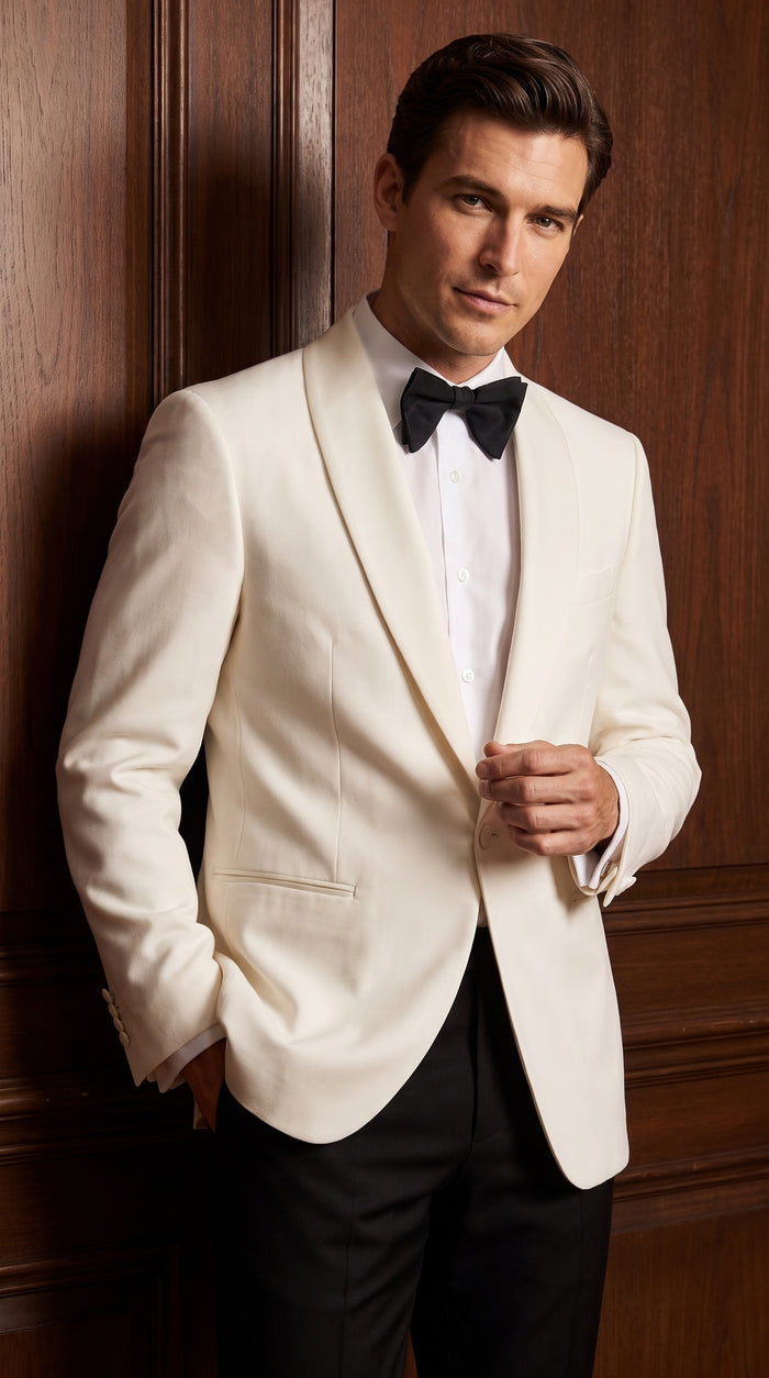 Men’s Vintage Hollywood Ivory Tuxedo – Black Shawl Lapel Wedding, Prom and Formal Dinner Jacket with Black Pants