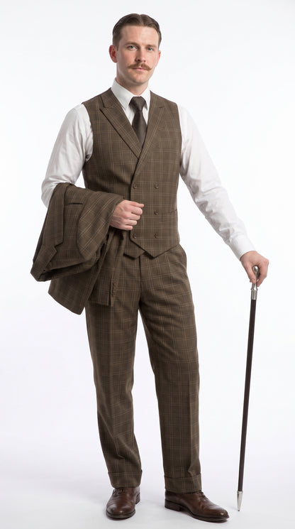 Men’s Edwardian Brown Plaid 3-Piece Suit – Vintage Double-Breasted Vest Wedding and Formal Suit