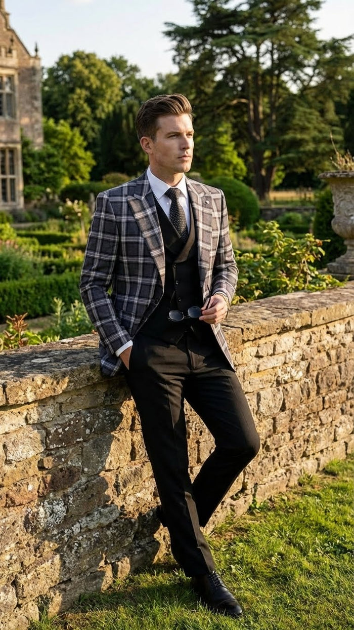 Mens Big and Tall Charcoal Gray and Black Plaid Blazer  Grey Checker Windowpane Sport Coat