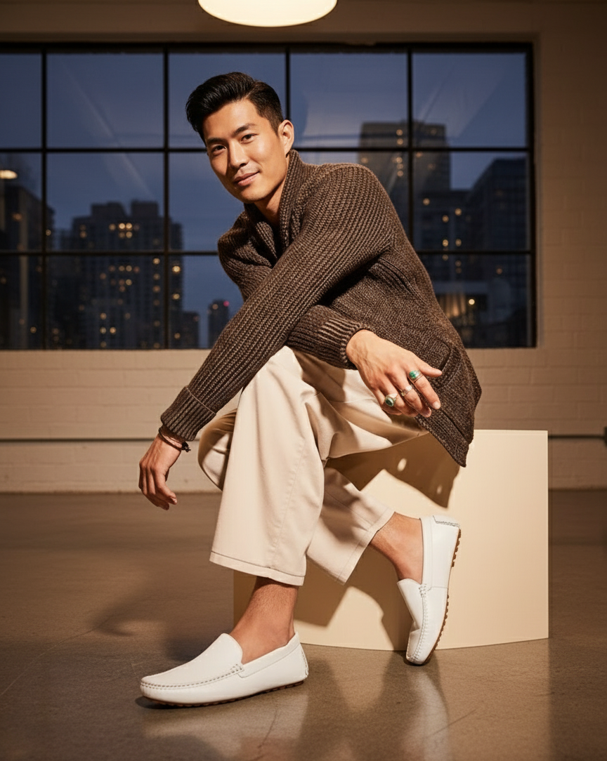 Mens Mundo White Leather Loafers  Classic Slip-On Dress Shoes for Casual and Formal Wear