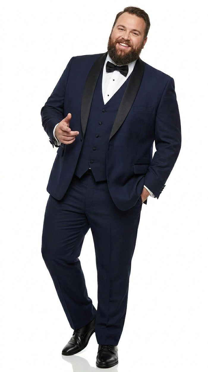 Men’s Navy Blue Vested Wool Tuxedo with 1 Button Jacket, Black Shawl Lapel and Matching Pants