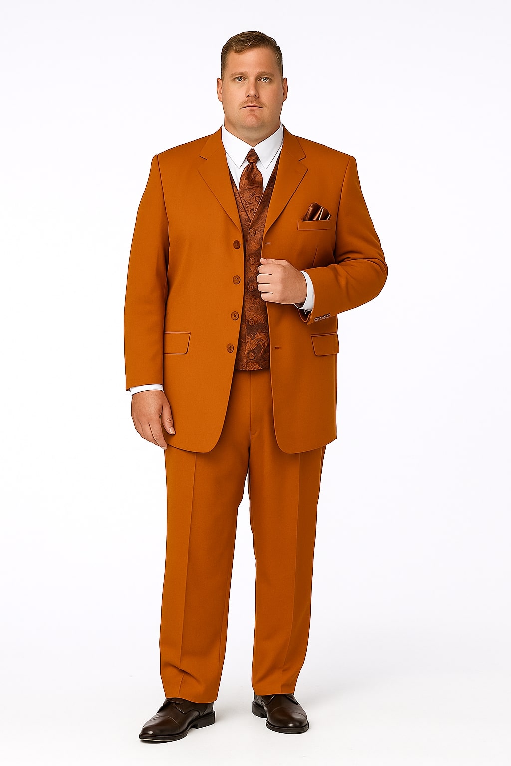 Mens Rust 3-Piece Fashion Suit  Notch Lapel with Paisley Vest, Tie and Pocket Square - Zoot Suit