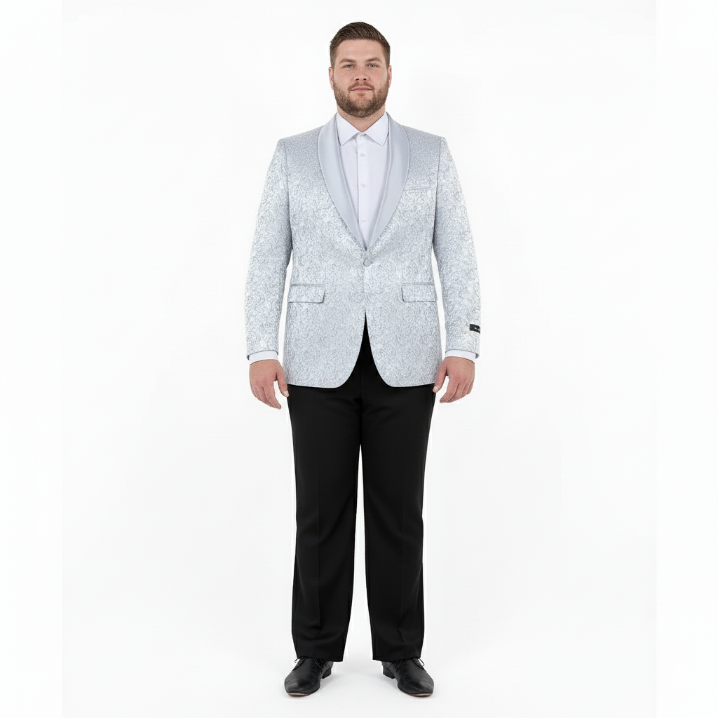 Big and Tall Men’s Silver Gray Paisley Tuxedo Jacket – Satin Shawl Lapel Blazer for Weddings, Proms, and Formal Events